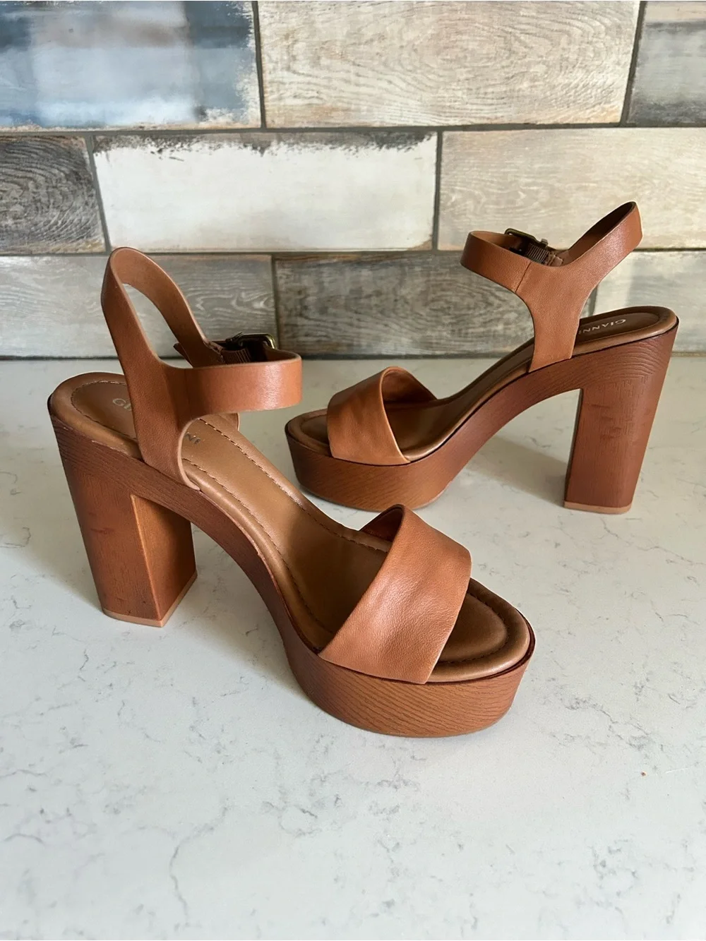 Gianni Bini Leather Platform Heel Sandals in Rich Caramel